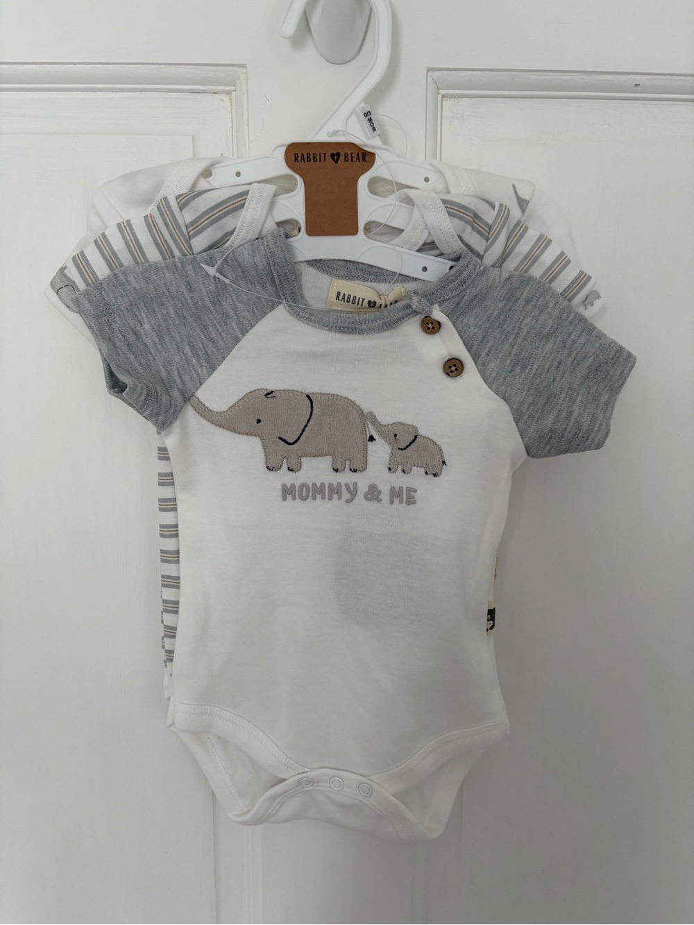 Rabbit & Bear Baby Bodysuit - White & Gray "Mommy & Me" Elephant Set of 3 NWT